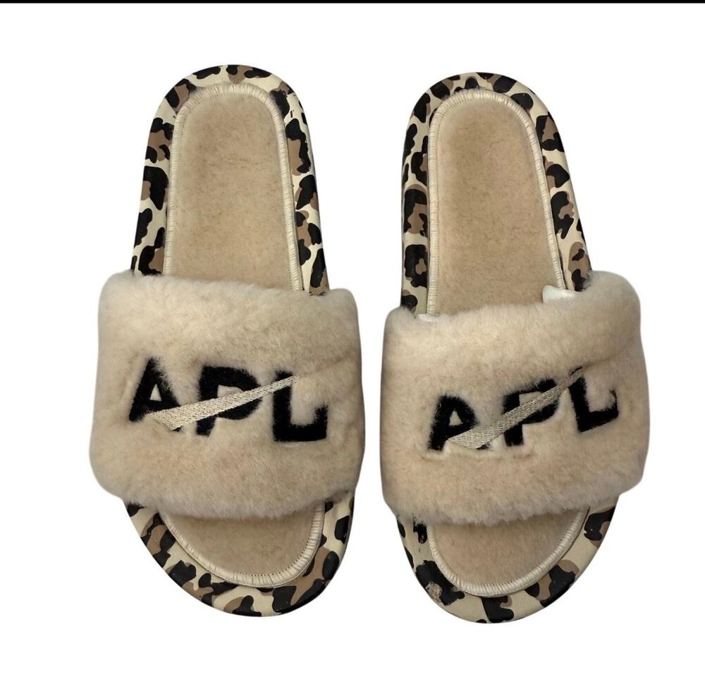 New Women’s APL shearling slides sandals parchment leaopard - Picture 1 of 4